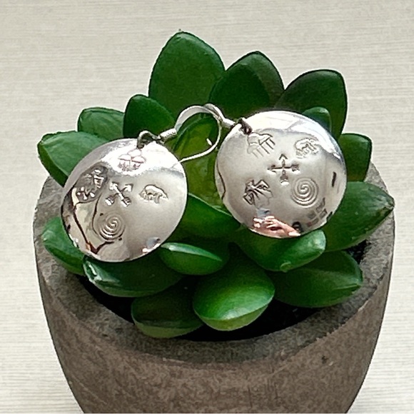 Native American Etched Symbols Sterling Silver Medallion Earrings - Picture 12 of 13